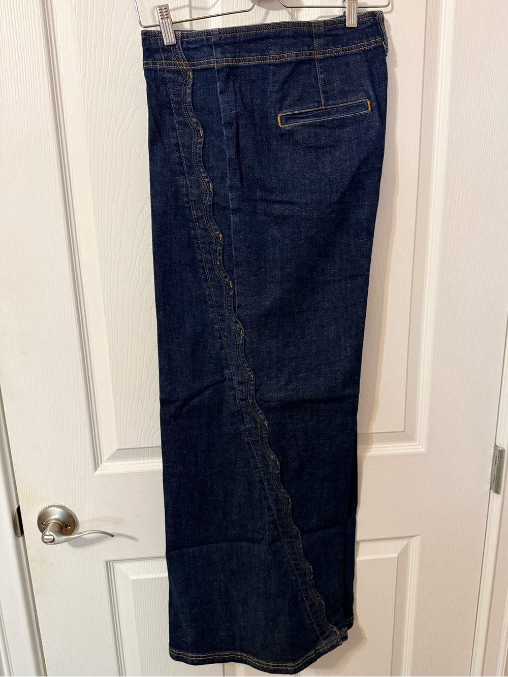 Maeve Scalloped Side-Seam Wide Leg Jeans in Dark Indigo - Picture 7 of 8